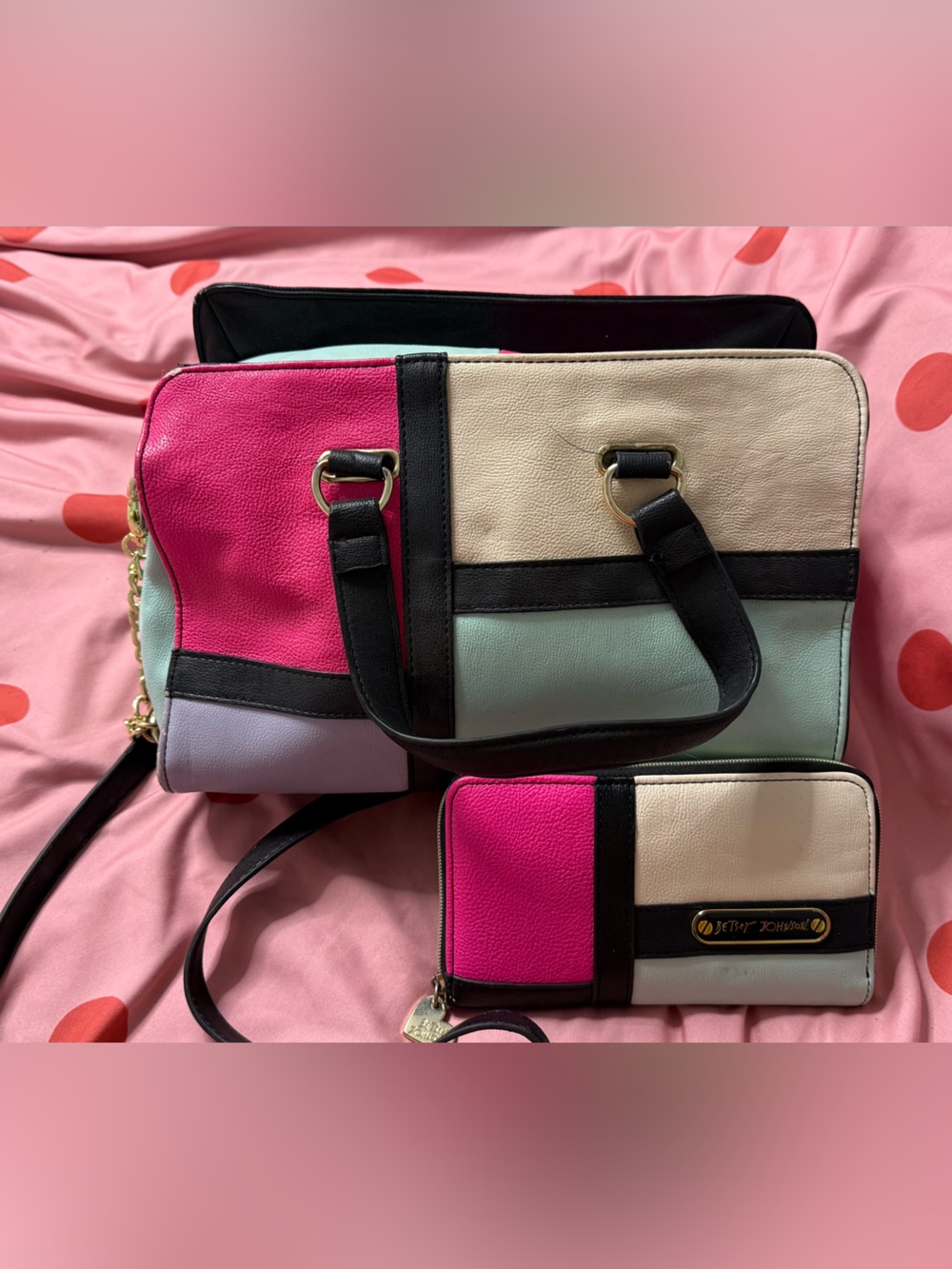 Betsey Johnson Pink Mint Cream Black Colorblock Crossbody with Matching Wallet